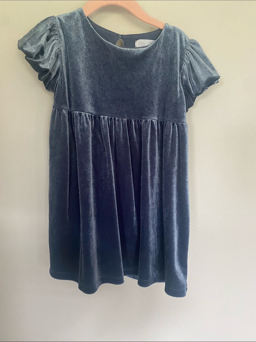 Zara Velvet Puff-Sleeve Dress in Slate Blue